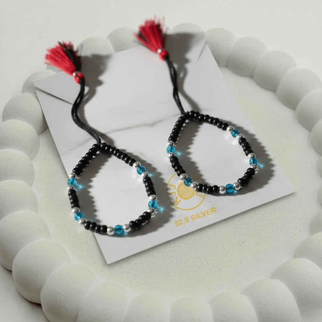 KJJ Elite 92.5 Sterling Silver Baby Nazariya – Handcrafted Protective Bracelets with Cyan Crystal Accents & 2.5mm Imported Silver Balls (Set of 2)