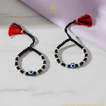 KJJ Elite 92.5 Sterling Silver Baby Nazariya – Handcrafted 2.5mm Imported Silver Ball & Central Evil Eye Protection Bracelets (Set of 2)