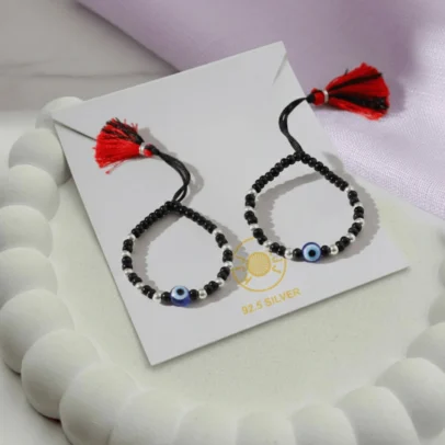 KJJ Elite 92.5 Sterling Silver Baby Nazariya – Handcrafted 2.5mm Imported Silver Ball & Central Evil Eye Protection Bracelets (Set of 2)