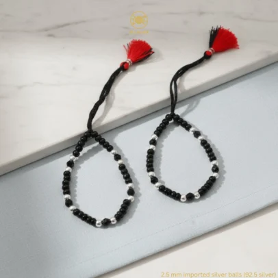 KJJ Signature 92.5 Sterling Silver Baby Nazariya – Handcrafted High-Density 2.5mm Imported Silver Ball & Faceted Black Crystal Protective Bracelets (Set of 2)