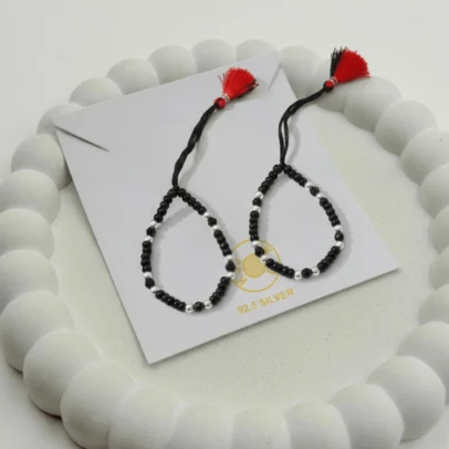 KJJ Signature 92.5 Sterling Silver Baby Nazariya – Handcrafted High-Density 2.5mm Imported Silver Ball & Faceted Black Crystal Protective Bracelets (Set of 2)