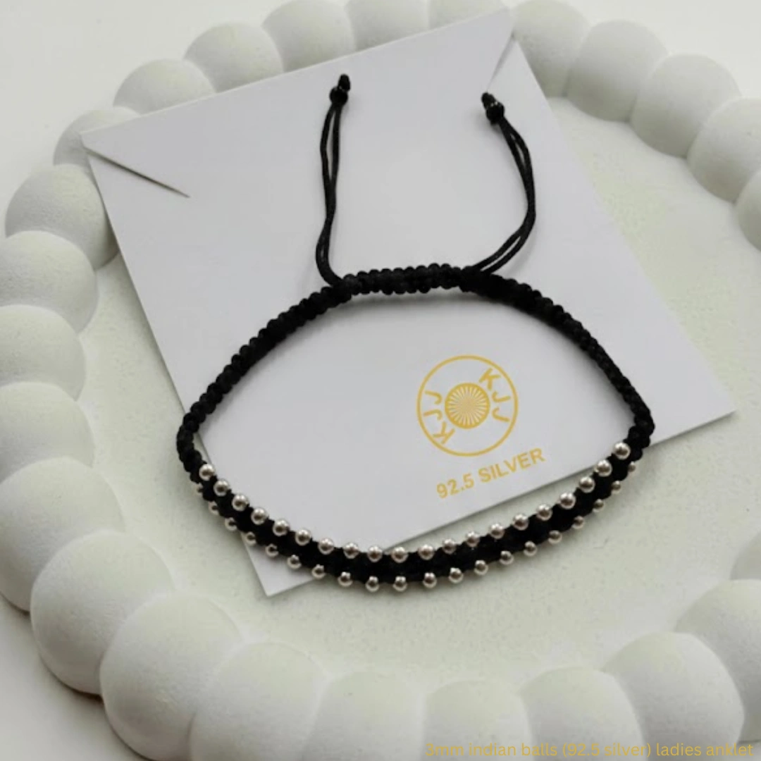 KJJ Minimalist 92.5 Sterling Silver Ladies Anklet – Handcrafted Nazar Battu Payal with 3mm Indian Silver Beads