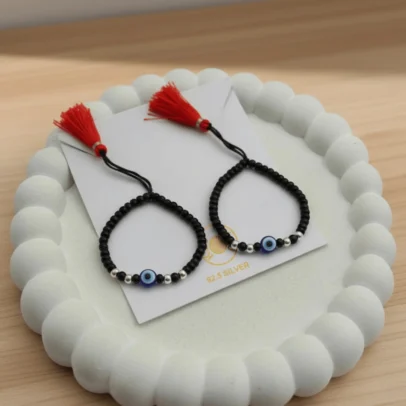 KJJ Elite 92.5 Sterling Silver Baby Nazariya – Handcrafted 2.5mm Imported Silver Ball & Central Evil Eye Protection Bracelets (Set of 2)