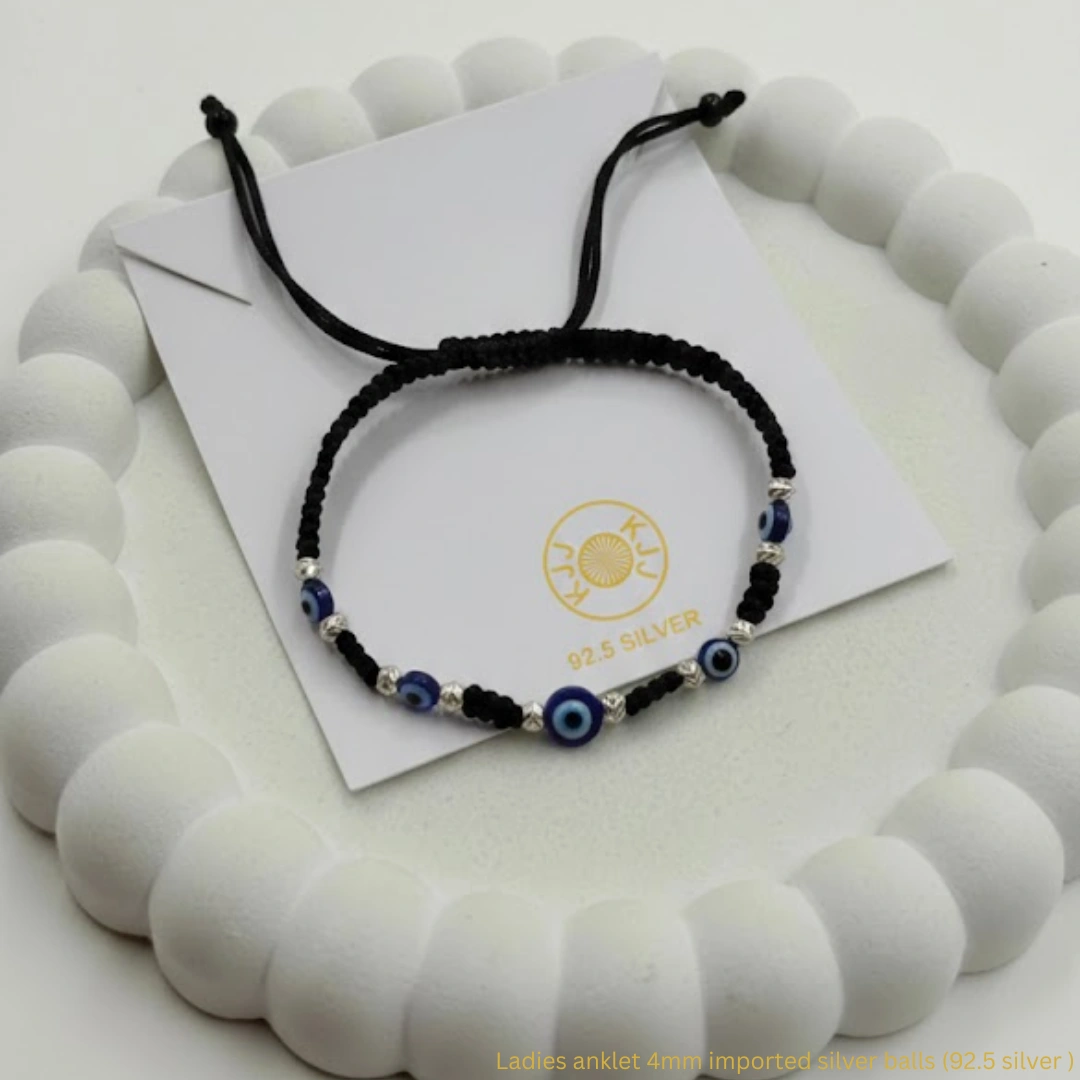 KJJ Elite 92.5 Sterling Silver Ladies Evil Eye Anklet – Handcrafted Nazar Battu Payal with 4mm Imported Silver Balls