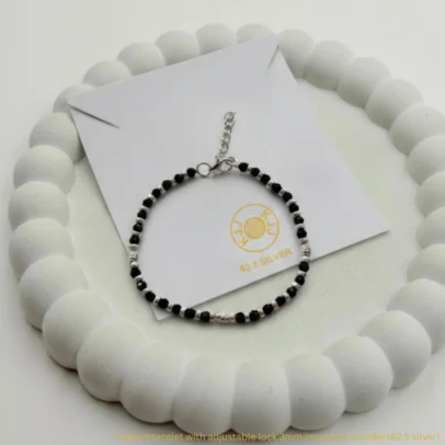 KJJ Sophisticated 92.5 Sterling Silver Ladies Bracelet – Handcrafted 3mm Imported Roundel & Black Bead Bracelet with Adjustable Lock