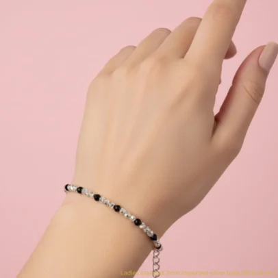 KJJ Radiant 92.5 Sterling Silver Ladies Bracelet – Handcrafted 3mm Imported Star-Cut Silver & Black Bead Bracelet with Adjustable Lock