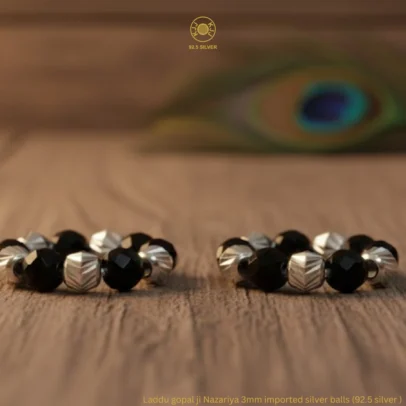 KJJ Divine 92.5 Sterling Silver Laddu Gopal ji Nazariya – Handcrafted 3mm Imported Textured Silver Ball Protective Rings (Set of 2)