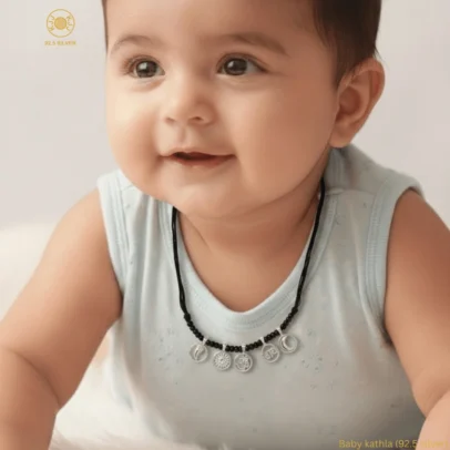 KJJ Sacred 92.5 Sterling Silver Baby Kathla – Handcrafted Multi-Charm Protective Necklace with Om, Surya, and Chanda Charms