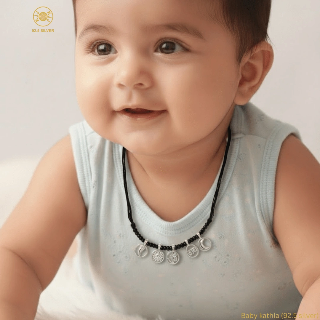 KJJ Sacred 92.5 Sterling Silver Baby Kathla – Handcrafted Multi-Charm Protective Necklace with Om, Surya, and Chanda Charms