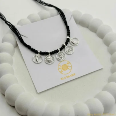 KJJ Sacred 92.5 Sterling Silver Baby Kathla – Handcrafted Multi-Charm Protective Necklace with Om, Surya, and Chanda Charms
