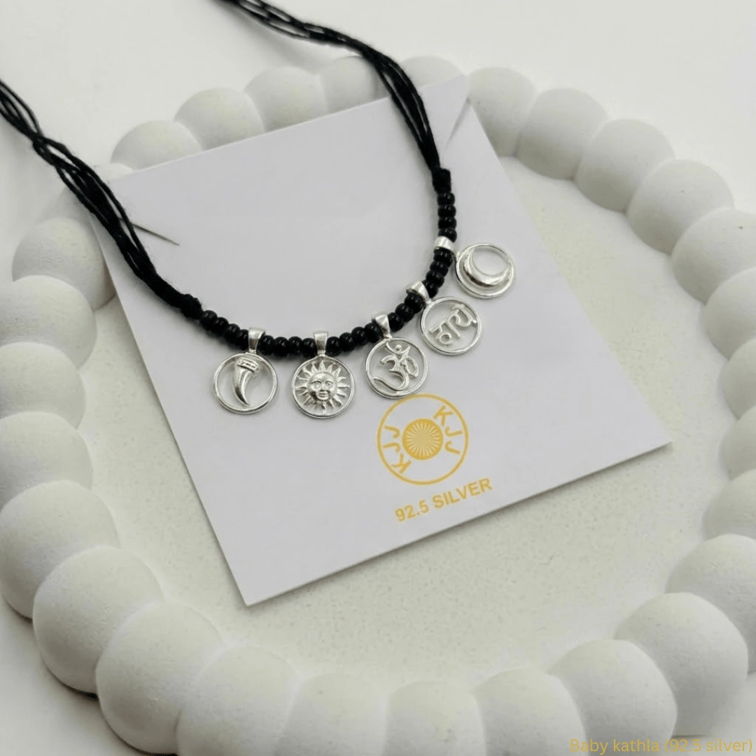 KJJ Sacred 92.5 Sterling Silver Baby Kathla – Handcrafted Multi-Charm Protective Necklace with Om, Surya, and Chanda Charms