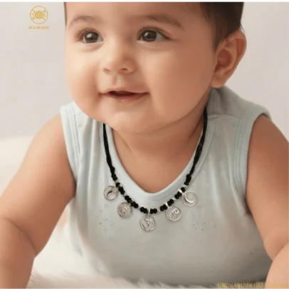 KJJ Sacred 92.5 Sterling Silver Baby Kathla – Handcrafted Multi-Charm Protective Necklace with Om, Surya, and Chanda Charms