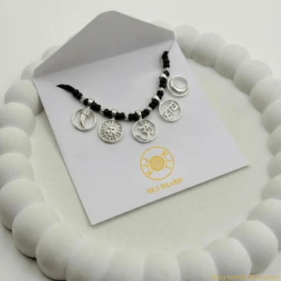 KJJ Sacred 92.5 Sterling Silver Baby Kathla – Handcrafted Multi-Charm Protective Necklace with Om, Surya, and Chanda Charms