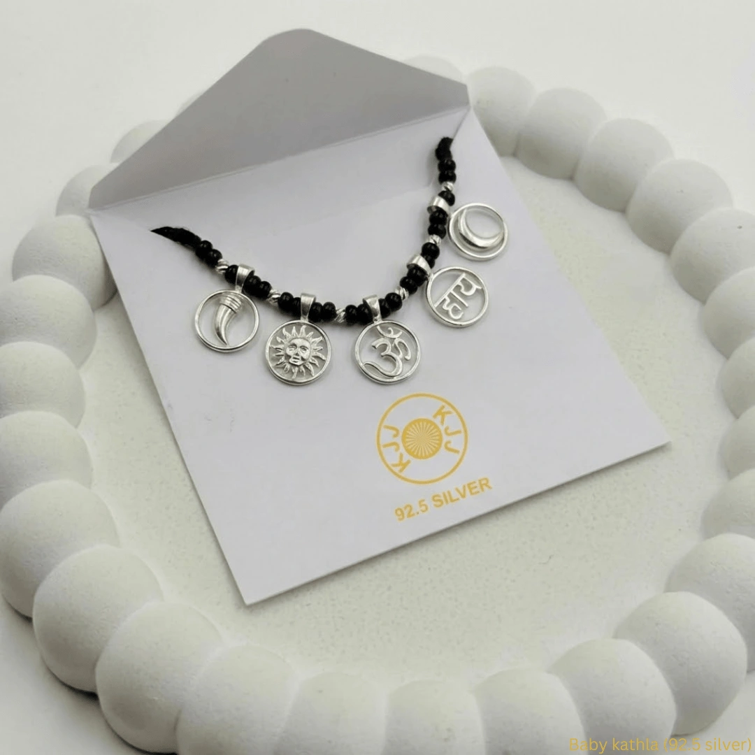 KJJ Sacred 92.5 Sterling Silver Baby Kathla – Handcrafted Multi-Charm Protective Necklace with Om, Surya, and Chanda Charms