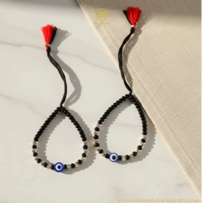 KJJ Elite 92.5 Sterling Silver Baby Nazariya – Handcrafted 2.5mm Chevron-Textured Silver Ball & Evil Eye Protection Bracelets (Set of 2)