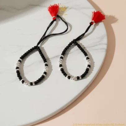 KJJ Signature 92.5 Sterling Silver Baby Nazariya – Handcrafted 2.5mm Chevron-Textured Silver Ball Protective Bracelets (Set of 2)