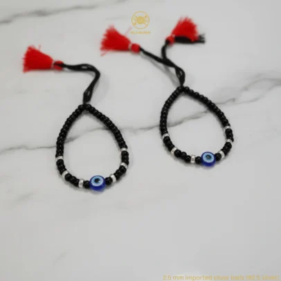 KJJ Sacred 92.5 Sterling Silver Baby Nazariya – Handcrafted 2.5mm Imported Silver Ball & Central Evil Eye Protection Bracelets (Set of 2)