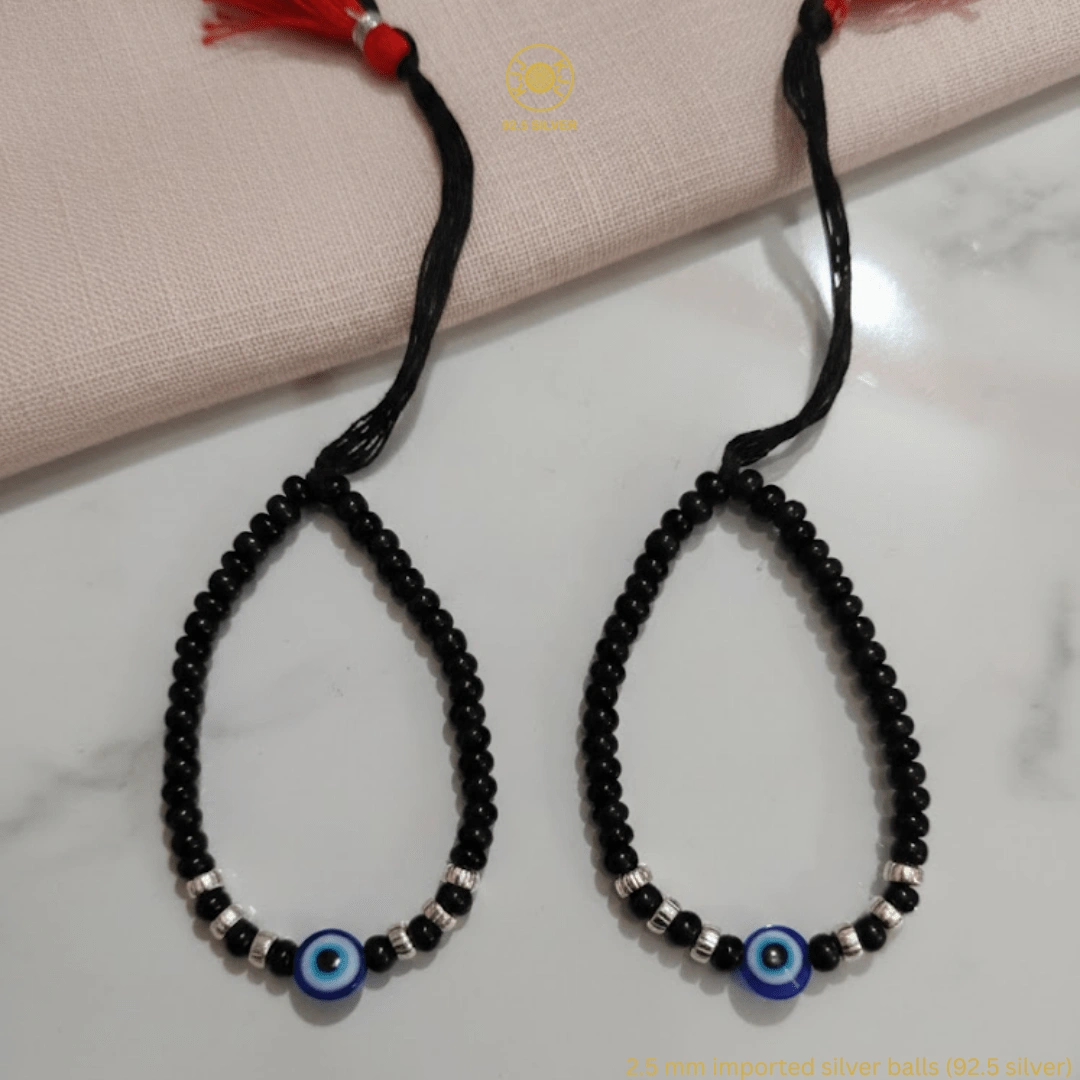 KJJ Guardian 92.5 Sterling Silver Baby Nazariya – Handcrafted 2.5mm Imported Silver Ball & Blue Evil Eye Protection Bracelets (Set of 2)