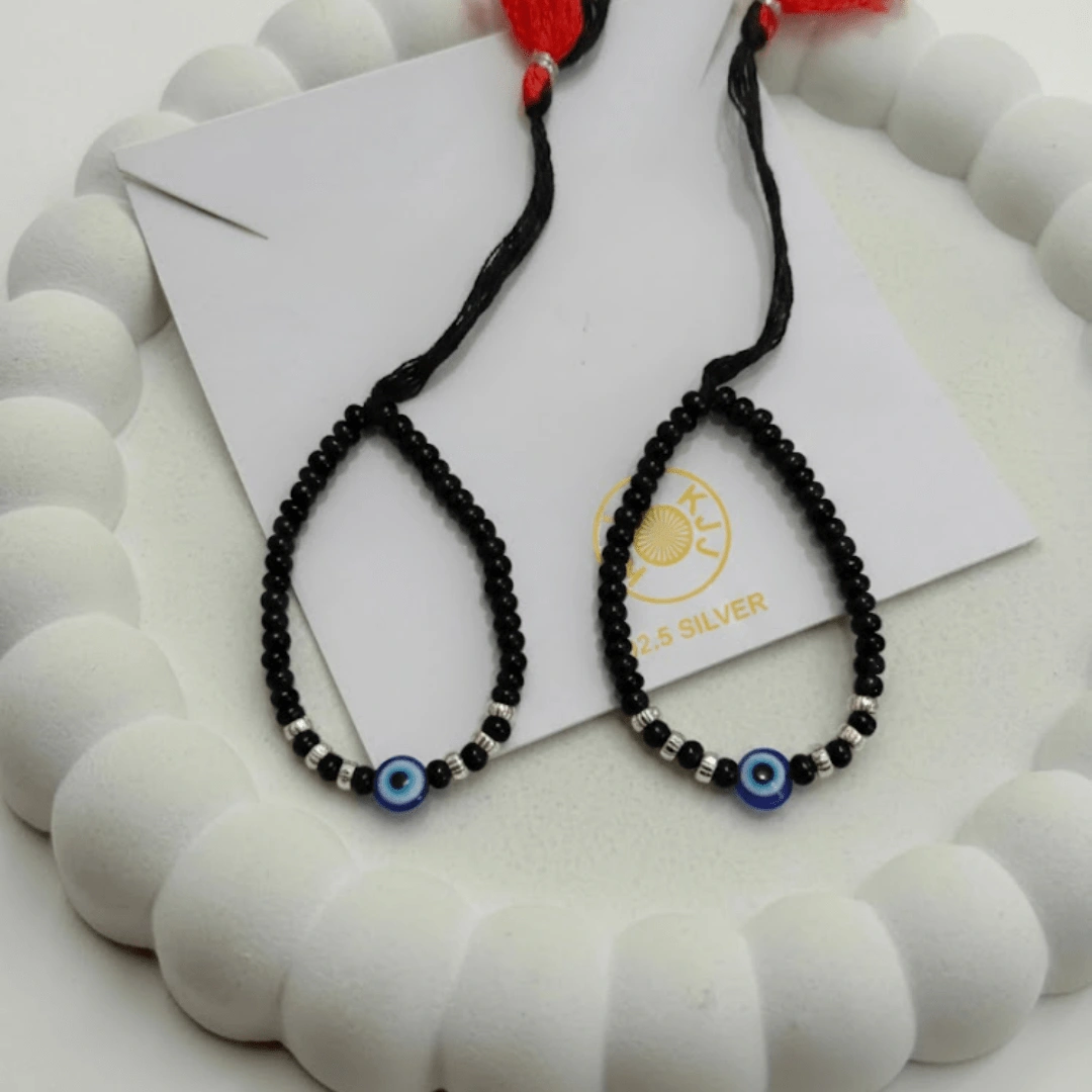 KJJ Guardian 92.5 Sterling Silver Baby Nazariya – Handcrafted 2.5mm Imported Silver Ball & Blue Evil Eye Protection Bracelets (Set of 2)