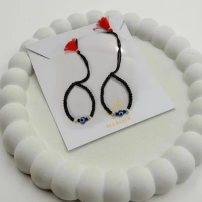 KJJ Elite 92.5 Sterling Silver Baby Nazariya – Handcrafted 2.5mm Imported Corrugated Silver Ball & Blue Evil Eye Protection Bracelets (Set of 2)