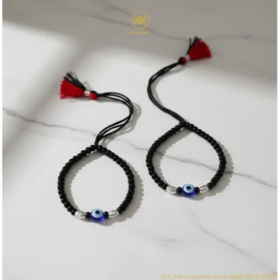 KJJ Radiant 92.5 Sterling Silver Baby Nazariya – Handcrafted 2.5mm Star-Cut Silver Ball & Central Evil Eye Protection Bracelets (Set of 2)