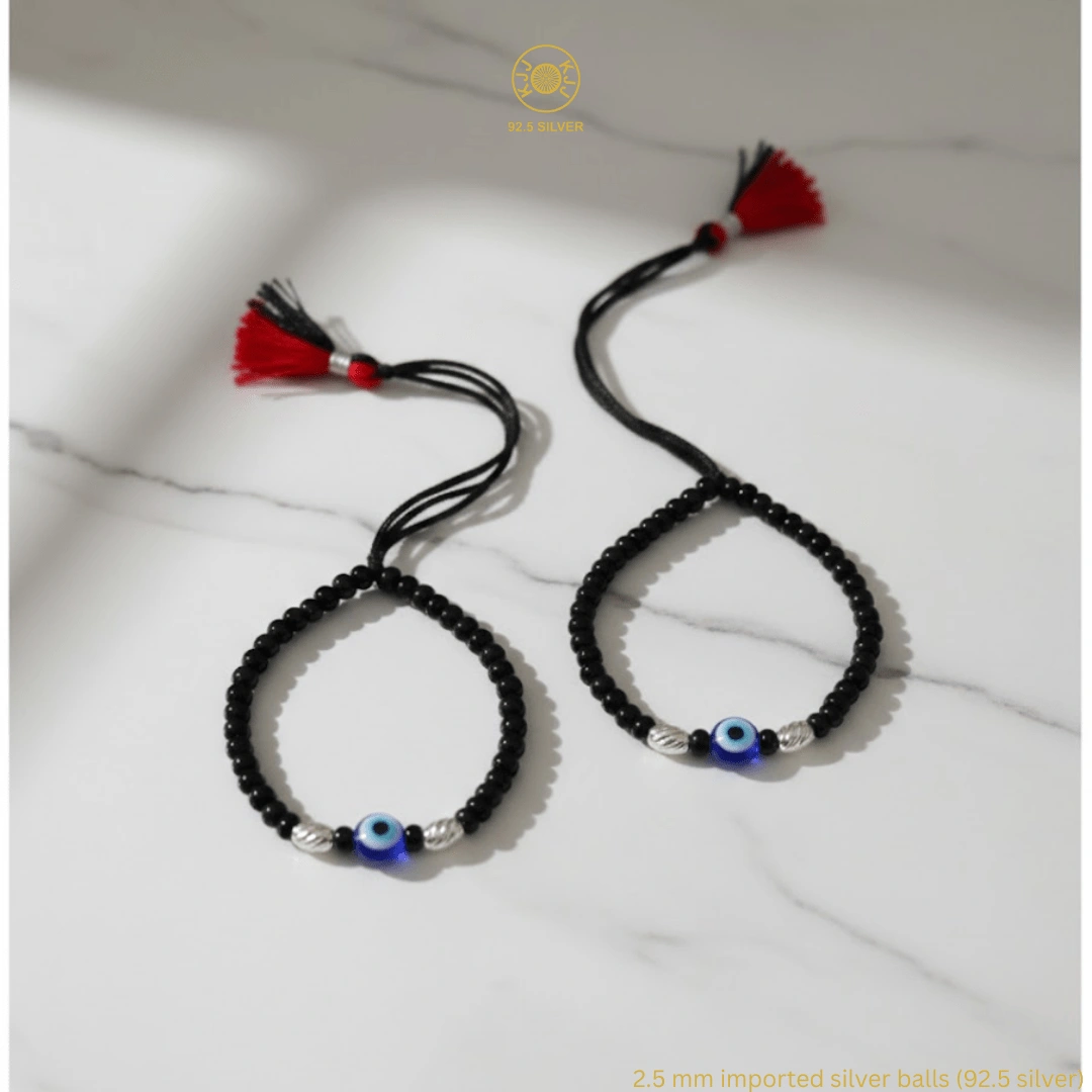 KJJ Radiant 92.5 Sterling Silver Baby Nazariya – Handcrafted 2.5mm Star-Cut Silver Ball & Central Evil Eye Protection Bracelets (Set of 2)