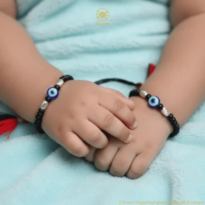 KJJ Radiant 92.5 Sterling Silver Baby Nazariya – Handcrafted 2.5mm Star-Cut Silver Ball & Central Evil Eye Protection Bracelets (Set of 2)