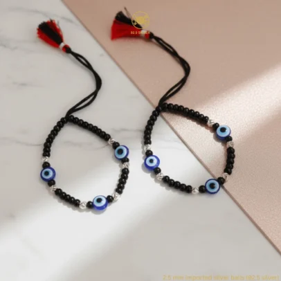KJJ Elite 92.5 Sterling Silver Baby Nazariya – Handcrafted Triple Evil Eye Protection Bracelets with 2.5mm Chevron-Textured Silver Balls (Set of 2)