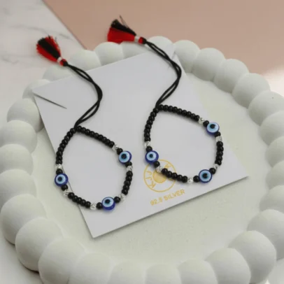 KJJ Elite 92.5 Sterling Silver Baby Nazariya – Handcrafted Triple Evil Eye Protection Bracelets with 2.5mm Chevron-Textured Silver Balls (Set of 2)