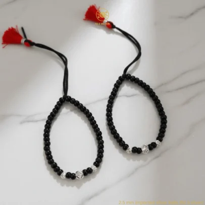 KJJ Elite 92.5 Sterling Silver Baby Nazariya – Handcrafted 2.5mm Chevron-Textured Silver Balls & Central Star-Cut Bead Protection Bracelets (Set of 2)