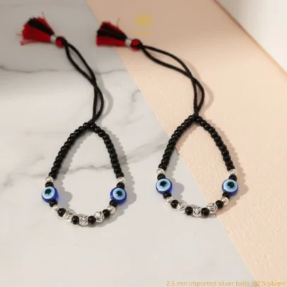 KJJ Elite 92.5 Sterling Silver Baby Nazariya – Handcrafted Double Evil Eye Protection Bracelets with 2.5mm Chevron-Textured Silver Balls (Set of 2)