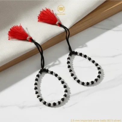 KJJ Signature 92.5 Sterling Silver Baby Nazariya – Handcrafted High-Density 2.5mm Chevron-Textured Silver Ball Protective Bracelets (Set of 2)