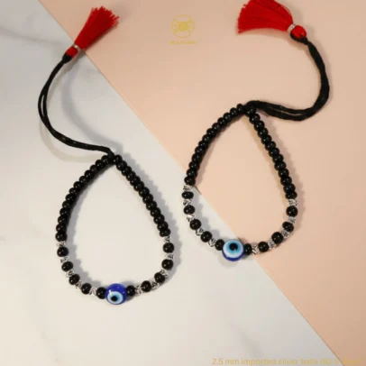 KJJ Elite 92.5 Sterling Silver Baby Nazariya – Handcrafted 2.5mm Chevron-Textured Silver Ball & Central Evil Eye Protection Bracelets (Set of 2)