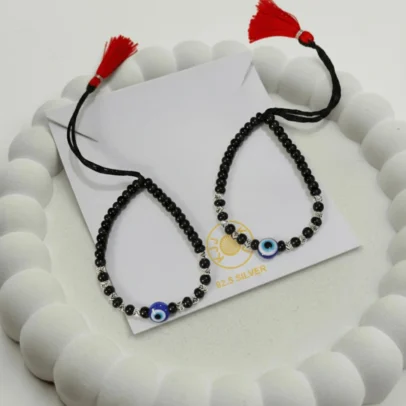 KJJ Elite 92.5 Sterling Silver Baby Nazariya – Handcrafted 2.5mm Chevron-Textured Silver Ball & Central Evil Eye Protection Bracelets (Set of 2)