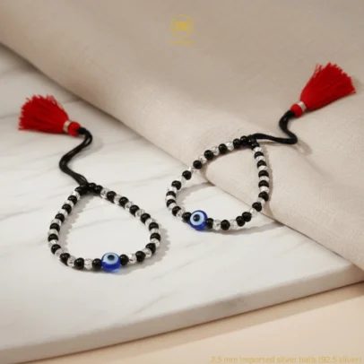 KJJ Radiant 92.5 Sterling Silver Baby Nazariya – Handcrafted High-Density 2.5mm Star-Cut Silver Ball & Central Evil Eye Protection Bracelets (Set of 2)