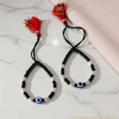 KJJ Radiant 92.5 Sterling Silver Baby Nazariya – Handcrafted 2.5mm Star-Cut Silver Ball & Central Evil Eye Protection Bracelets (Set of 2)
