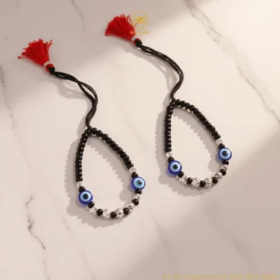 KJJ Elite 92.5 Sterling Silver Baby Nazariya – Handcrafted Double Evil Eye Protection Bracelets with 2.5mm Chevron-Textured Silver Balls (Set of 2)