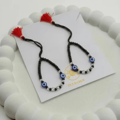 KJJ Elite 92.5 Sterling Silver Baby Nazariya – Handcrafted Double Evil Eye Protection Bracelets with 2.5mm Chevron-Textured Silver Balls (Set of 2)